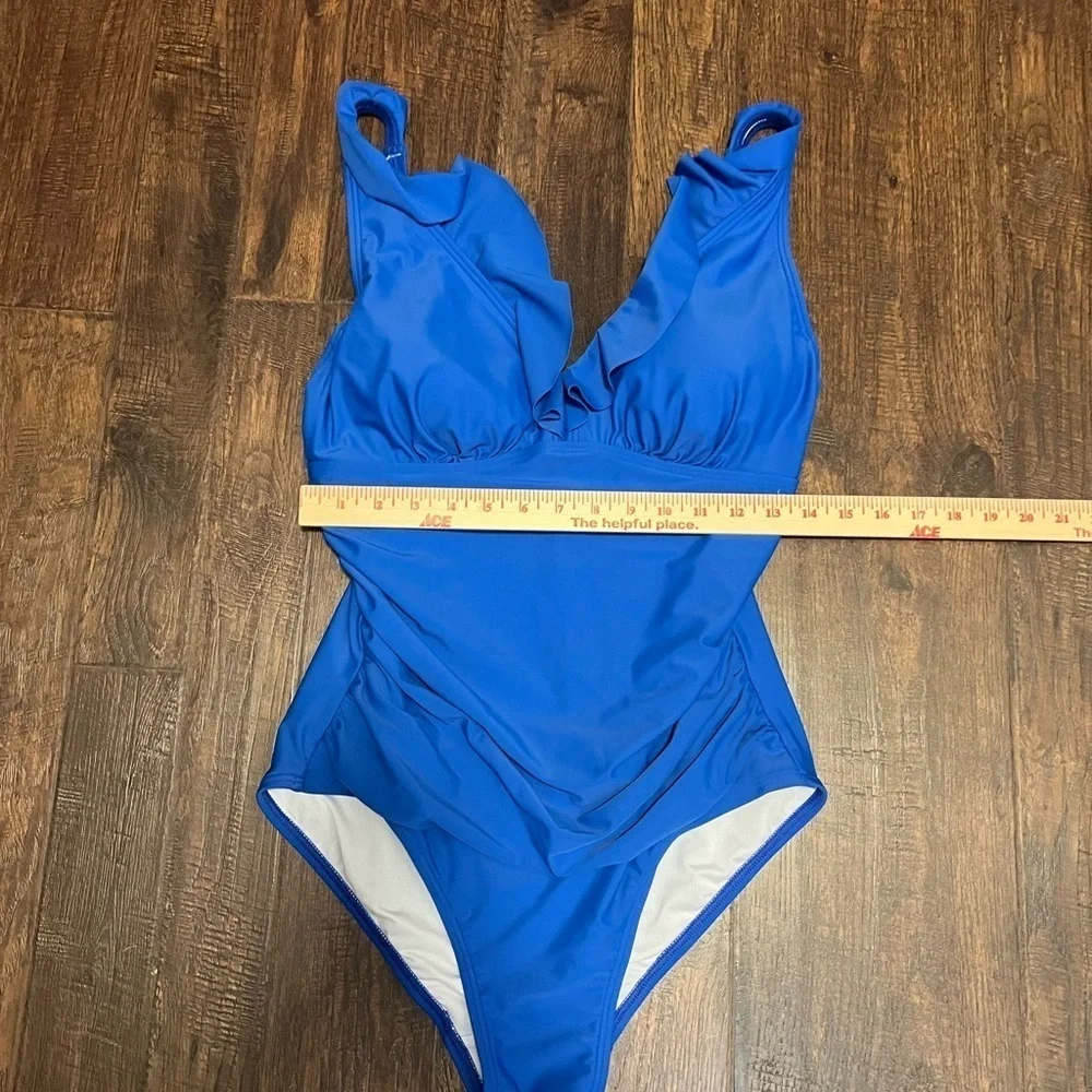 DKNY Ruffle Plunge One-Piece Swimsuit Size Women’s 12 Color Lapis Pacific Blue - Picture 9 of 10